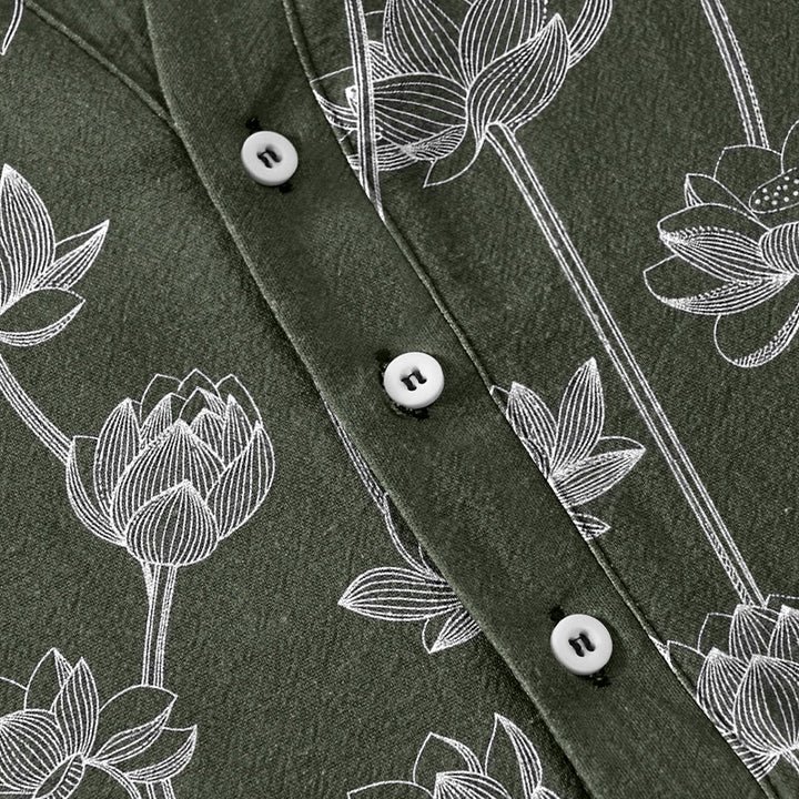 Buddha Stones Kurzarmhemd aus Baumwolle mit harmonischem Lotusmuster und halber Knopfleiste - image 3