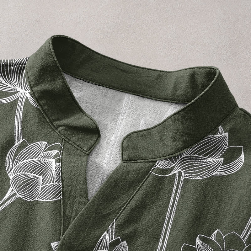 Buddha Stones Kurzarmhemd aus Baumwolle mit harmonischem Lotusmuster und halber Knopfleiste - image 2