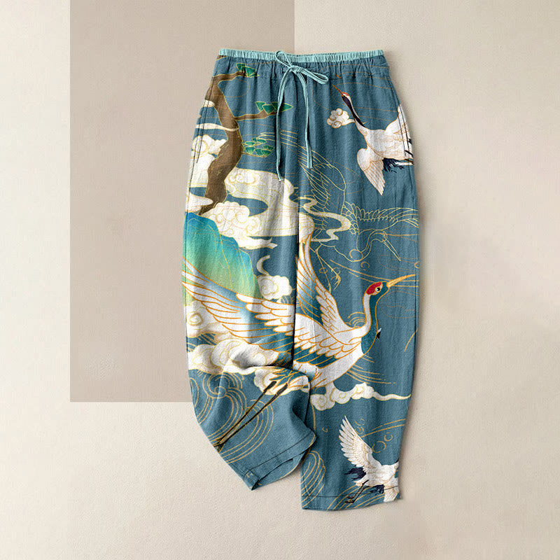 Buddha Stones Lässige Baumwollhose für Damen mit elastischem Bund, Taschen und Motiv: Fliegende Kraniche, Glücksbringende Wolken, Baum - Kadettenblau - US16, UK/AU20, EU48 (3XL) - image 5