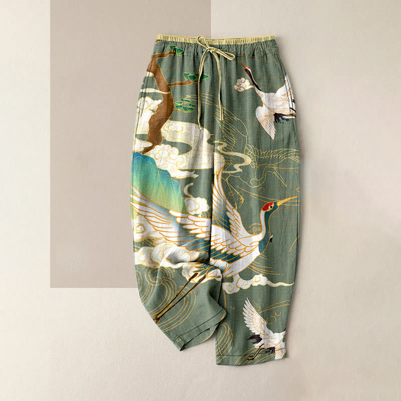 Buddha Stones Lässige Baumwollhose für Damen mit elastischem Bund, Taschen und Motiv: Fliegende Kraniche, Glücksbringende Wolken, Baum - Dunkelseegrün - US16, UK/AU20, EU48 (3XL) - image 4