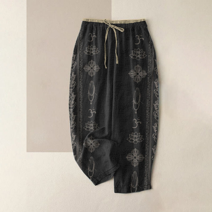 Buddha Stones Lässige Baumwollhose mit Lotusblumen-Doppel-Dorje-Vajra-Namaste-Om-Design für Damen, elastischer Bund und Taschen - Schwarz - US16, UK/AU20, EU48 (3XL) - image 0
