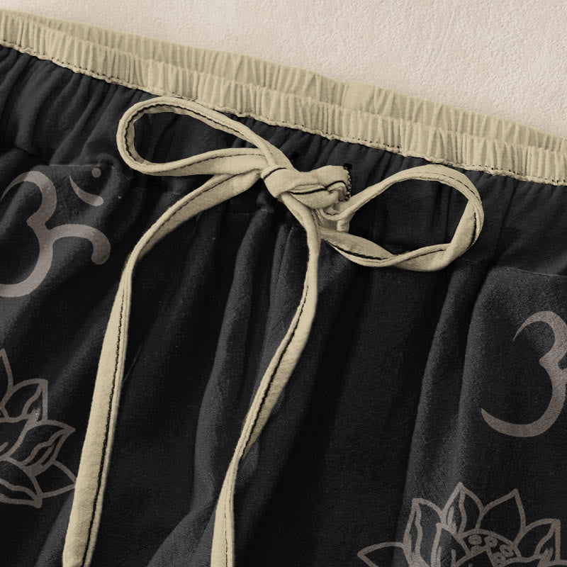Buddha Stones Lässige Baumwollhose mit Lotusblumen-Doppel-Dorje-Vajra-Namaste-Om-Design für Damen, elastischer Bund und Taschen - image 1
