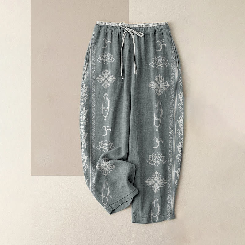Buddha Stones Lässige Baumwollhose mit Lotusblumen-Doppel-Dorje-Vajra-Namaste-Om-Design für Damen, elastischer Bund und Taschen - Kadettenblau - US16, UK/AU20, EU48 (3XL) - image 4