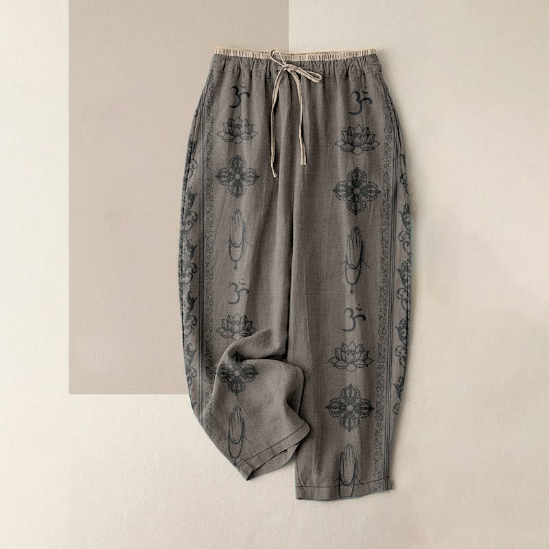 Buddha Stones Lässige Baumwollhose mit Lotusblumen-Doppel-Dorje-Vajra-Namaste-Om-Design für Damen, elastischer Bund und Taschen - Dunkelkhaki - US16, UK/AU20, EU48 (3XL) - image 5
