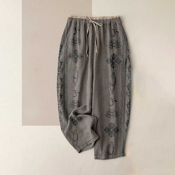 Buddha Stones Lässige Baumwollhose mit Lotusblumen-Doppel-Dorje-Vajra-Namaste-Om-Design für Damen, elastischer Bund und Taschen - Dunkelkhaki - US16, UK/AU20, EU48 (3XL) - image 5