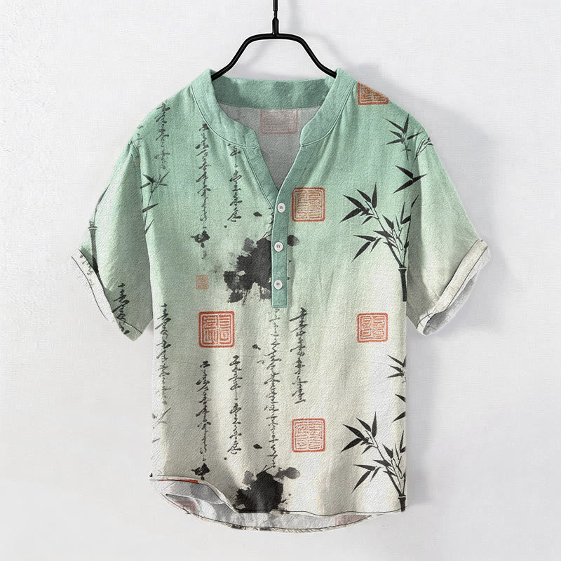Buddha Stones Kurzarmhemd aus Baumwolle mit Farbverlauf, Kalligrafie und Bambus-Tintenmalerei-Muster, halb geknöpft - Honigmelone - US/UK/AU50, EU60 (5XL) - image 0