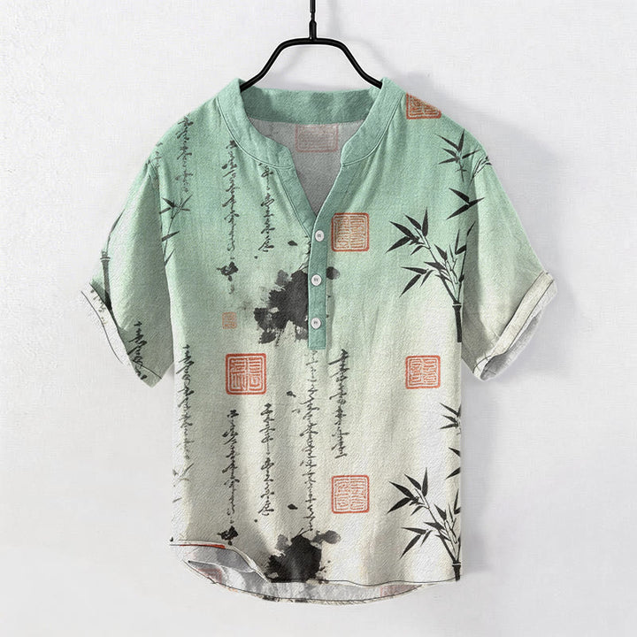 Buddha Stones Kurzarmhemd aus Baumwolle mit Farbverlauf, Kalligrafie und Bambus-Tintenmalerei-Muster, halb geknöpft - Honigmelone - US/UK/AU50, EU60 (5XL) - image 0
