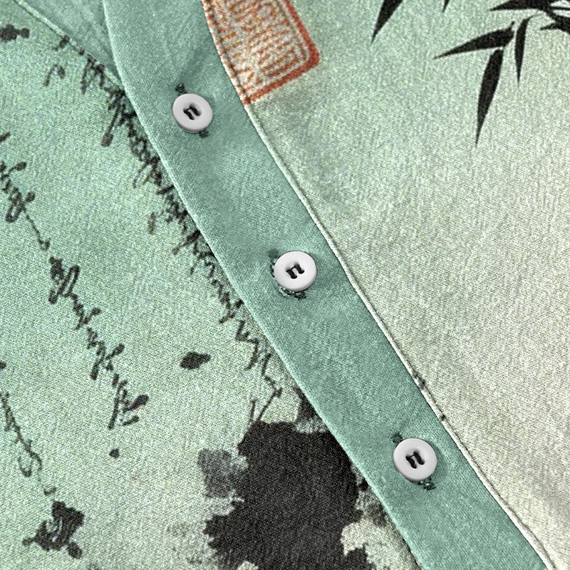 Buddha Stones Kurzarmhemd aus Baumwolle mit Farbverlauf, Kalligrafie und Bambus-Tintenmalerei-Muster, halb geknöpft - image 3