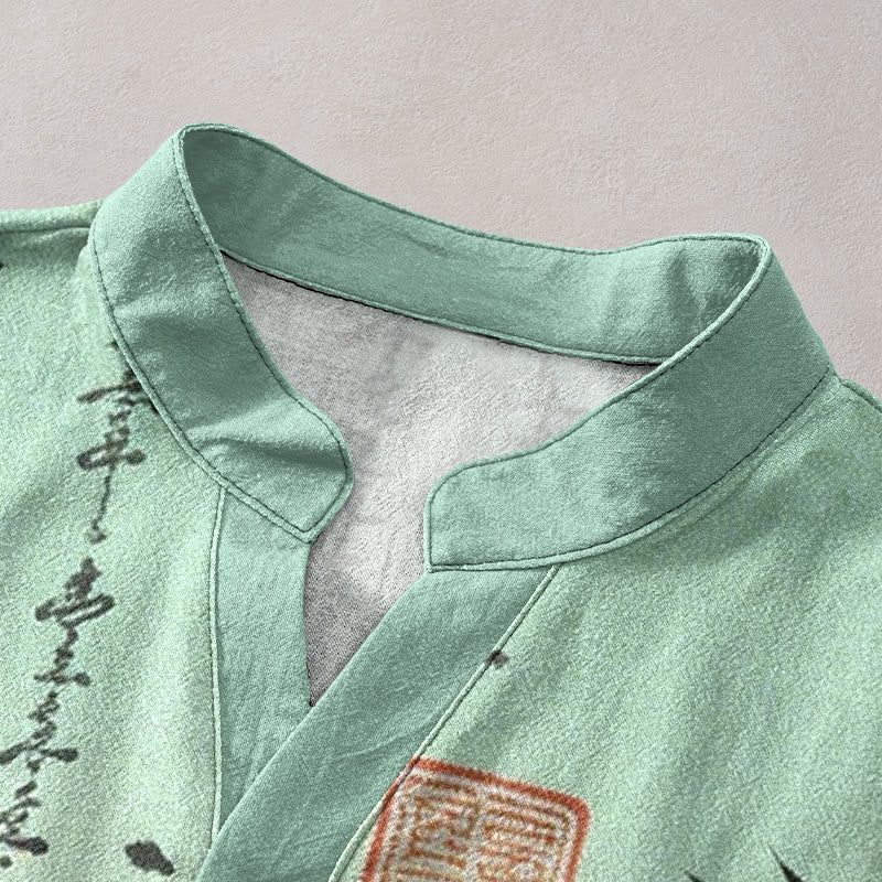 Buddha Stones Kurzarmhemd aus Baumwolle mit Farbverlauf, Kalligrafie und Bambus-Tintenmalerei-Muster, halb geknöpft - image 2