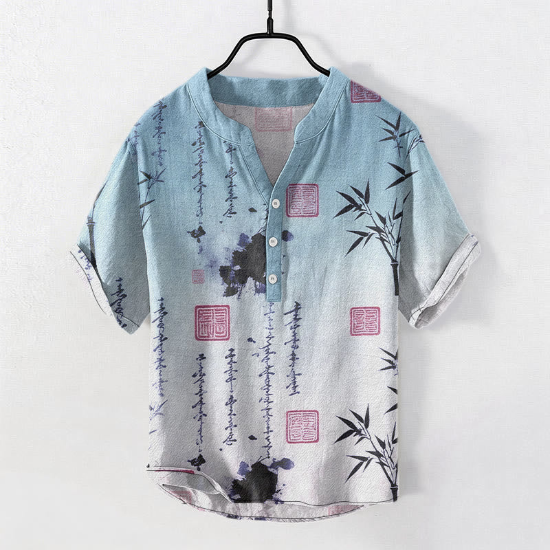 Buddha Stones Kurzarmhemd aus Baumwolle mit Farbverlauf, Kalligrafie und Bambus-Tintenmalerei-Muster, halb geknöpft - Hellblau - US/ UK/AU50, EU60 (5XL) - image 4
