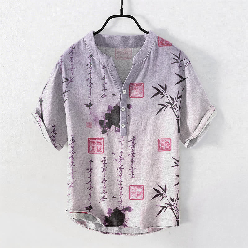 Buddha Stones Kurzarmhemd aus Baumwolle mit Farbverlauf, Kalligrafie und Bambus-Tintenmalerei-Muster, halb geknöpft - Mittelviolett - US/ UK/AU50, EU60 (5XL) - image 6