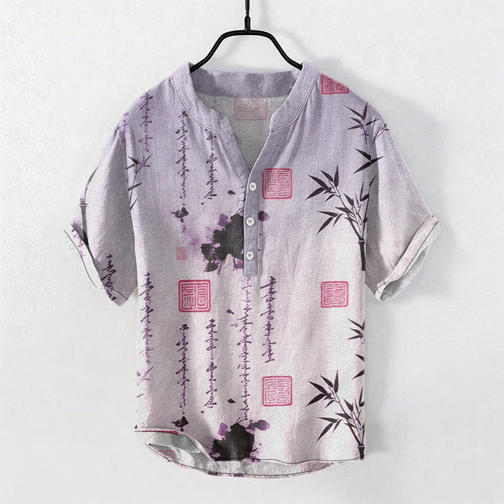 Buddha Stones Kurzarmhemd aus Baumwolle mit Farbverlauf, Kalligrafie und Bambus-Tintenmalerei-Muster, halb geknöpft - Mittelviolett - US/ UK/AU50, EU60 (5XL) - image 6