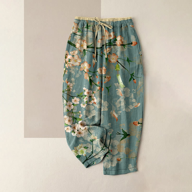 Buddha Stones Lässige Baumwollhose für Damen mit Pfirsichblüten- und Gänsemuster, elastischem Bund und Taschen - Mittel-Aquamarin - US16, UK/AU20, EU48 (3XL) - image 0