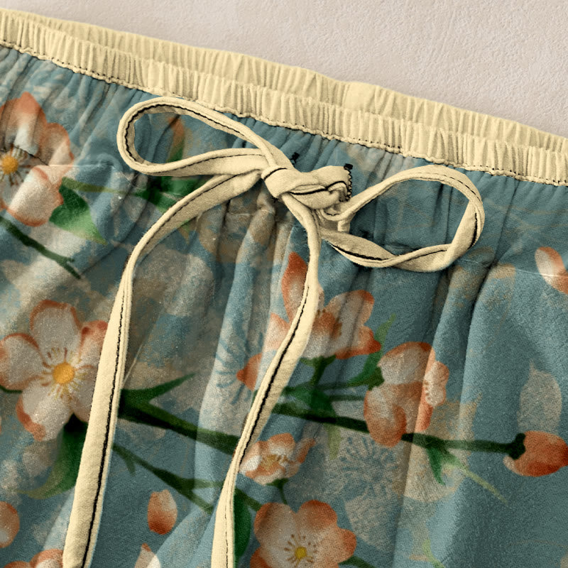 Buddha Stones Lässige Baumwollhose für Damen mit Pfirsichblüten- und Gänsemuster, elastischem Bund und Taschen - image 1