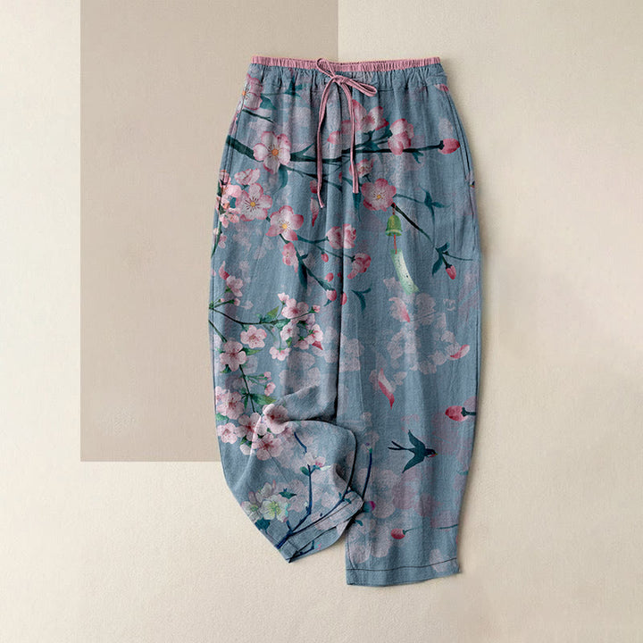 Buddha Stones Lässige Baumwollhose für Damen mit Pfirsichblüten- und Gänsemuster, elastischem Bund und Taschen - Kornblumenblau - US16, UK/AU20, EU48 (3XL) - image 5