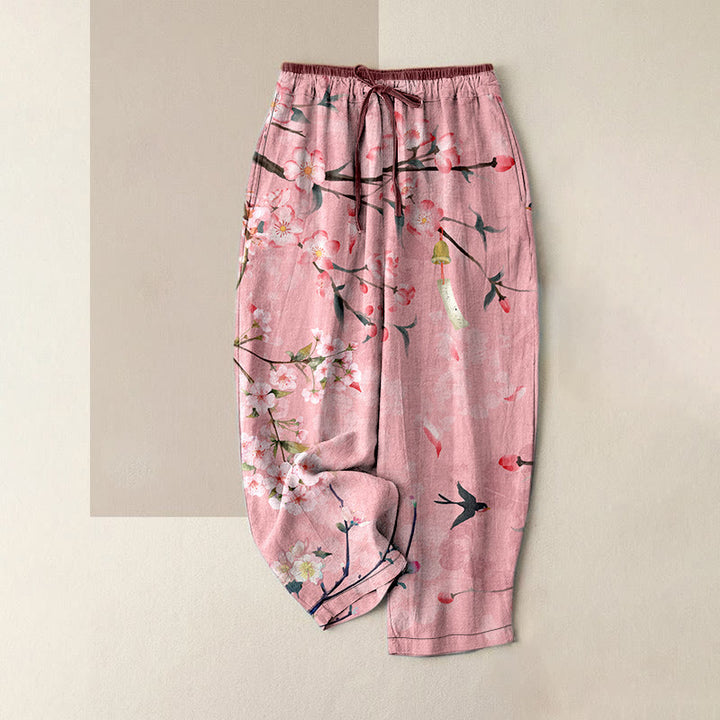 Buddha Stones Lässige Baumwollhose für Damen mit Pfirsichblüten- und Gänsemuster, elastischem Bund und Taschen - Rosa - US16, UK/AU20, EU48 (3XL) - image 4