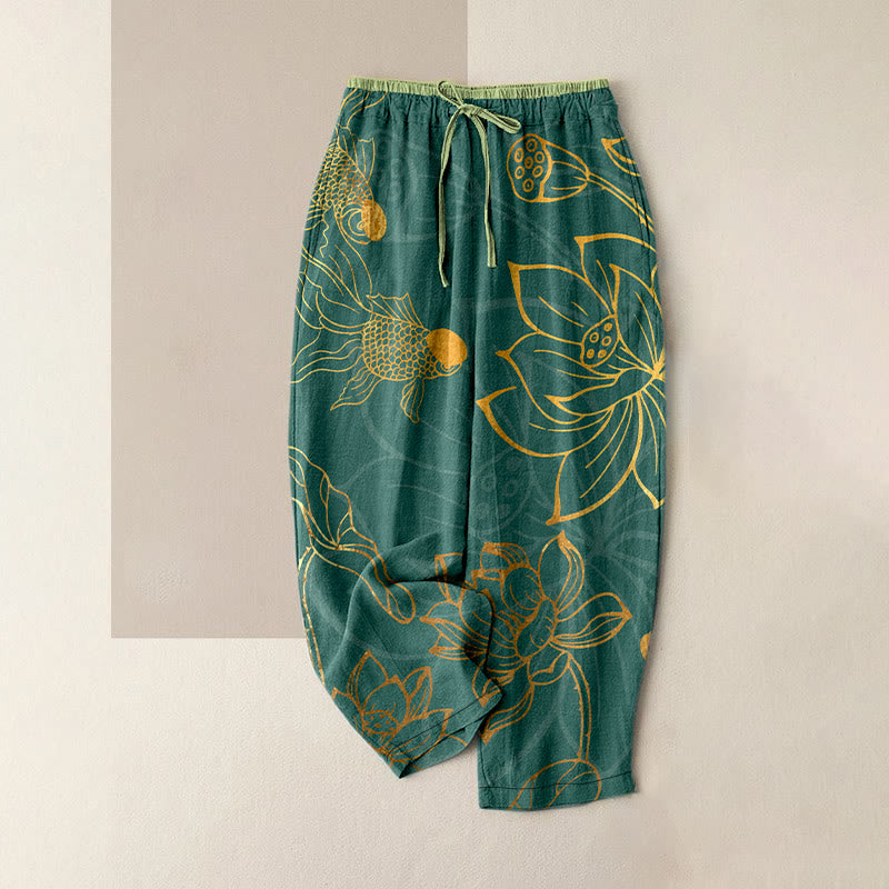 Buddha Stones Lässige Damenhose aus Baumwolle mit Lotusblatt-Koi-Fischmuster, elastischem Bund und Taschen - Dunkelcyan - US16, UK/AU20, EU48 (3XL) - image 0