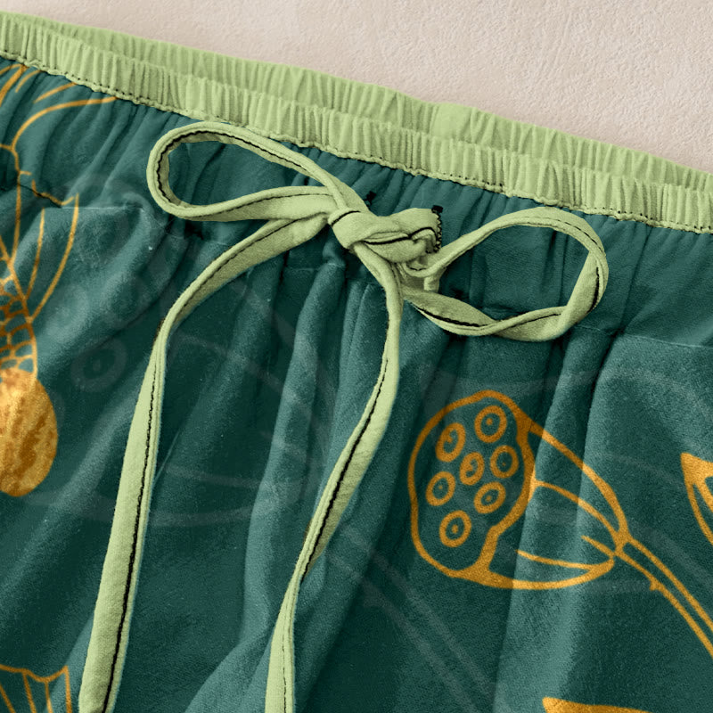 Buddha Stones Lässige Damenhose aus Baumwolle mit Lotusblatt-Koi-Fischmuster, elastischem Bund und Taschen - image 1