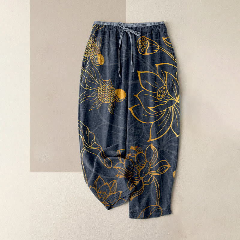 Buddha Stones Lässige Damenhose aus Baumwolle mit Lotusblatt-Koi-Fischmuster, elastischem Bund und Taschen - DimGray - US16, UK/AU20, EU48 (3XL) - image 4