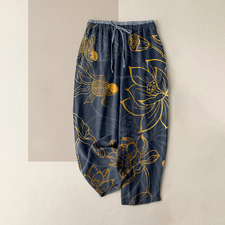 Buddha Stones Lässige Damenhose aus Baumwolle mit Lotusblatt-Koi-Fischmuster, elastischem Bund und Taschen - DimGray - US16, UK/AU20, EU48 (3XL) - image 4