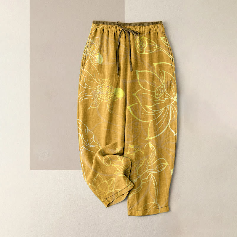 Buddha Stones Lässige Damenhose aus Baumwolle mit Lotusblatt-Koi-Fischmuster, elastischem Bund und Taschen - Gold - US16, UK/AU20, EU48 (3XL) - image 5