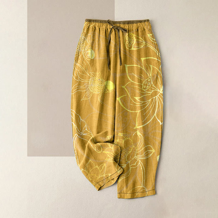 Buddha Stones Lässige Damenhose aus Baumwolle mit Lotusblatt-Koi-Fischmuster, elastischem Bund und Taschen - Gold - US16, UK/AU20, EU48 (3XL) - image 5