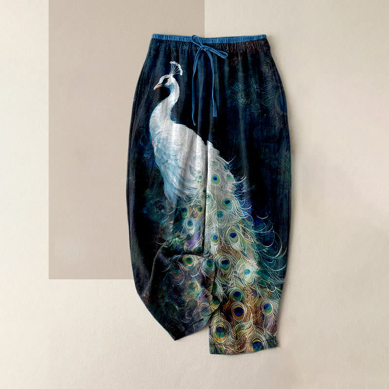 Buddha Stones Lässige Damenhose aus Baumwolle mit wunderschönem Pfauenmuster, elastischem Bund und Taschen - Mitternachtsblau - US16, UK/AU20, EU48 (3XL) - image 0