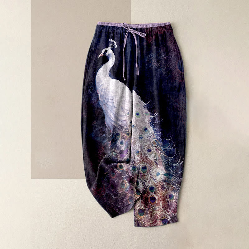 Buddha Stones Lässige Damenhose aus Baumwolle mit wunderschönem Pfauenmuster, elastischem Bund und Taschen - Indigo - US16, UK/AU20, EU48 (3XL) - image 5