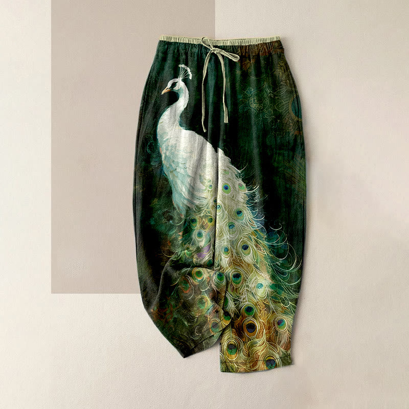 Buddha Stones Lässige Damenhose aus Baumwolle mit wunderschönem Pfauenmuster, elastischem Bund und Taschen - Dunkelgrün - US16, UK/AU20, EU48 (3XL) - image 4