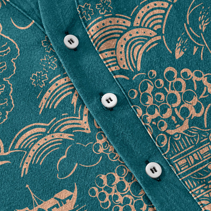 Buddha Stones Herrenhemd aus Baumwolle mit Naturturm-Landschaftsmuster, Kurzarm, halbe Knopfleiste - image 3