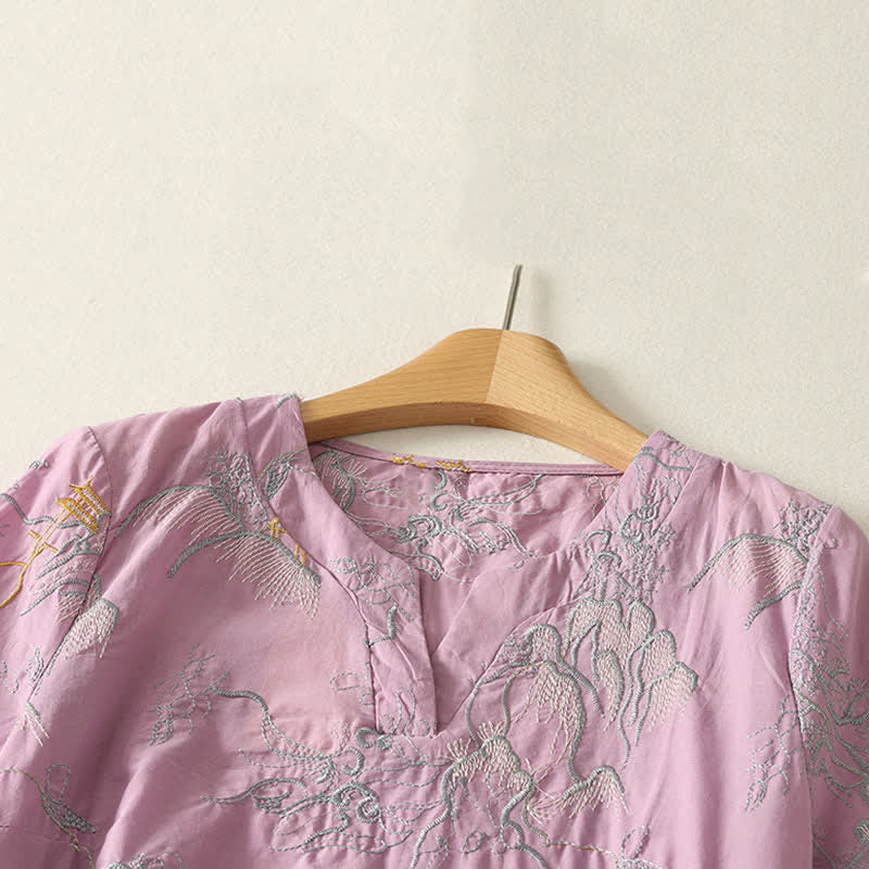 Buddha Stones Sommerliches Baumwoll-Midikleid mit V-Ausschnitt, Blumenmuster, kurzen Ärmeln und Taschen - image 2