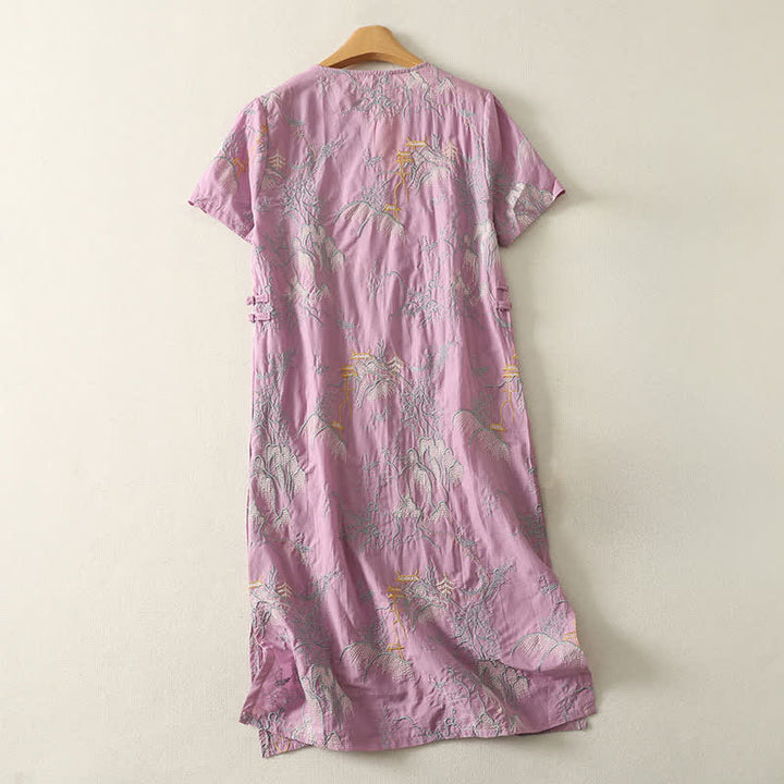 Buddha Stones Sommerliches Baumwoll-Midikleid mit V-Ausschnitt, Blumenmuster, kurzen Ärmeln und Taschen - image 1