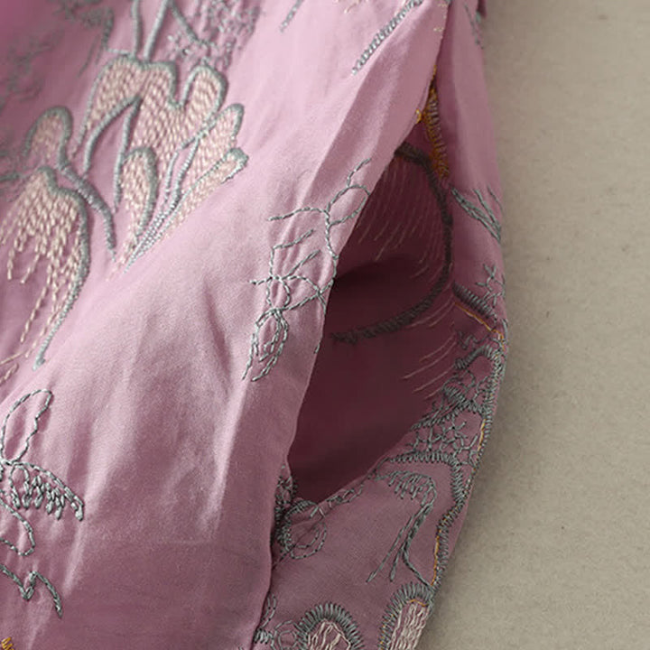 Buddha Stones Sommerliches Baumwoll-Midikleid mit V-Ausschnitt, Blumenmuster, kurzen Ärmeln und Taschen - image 4