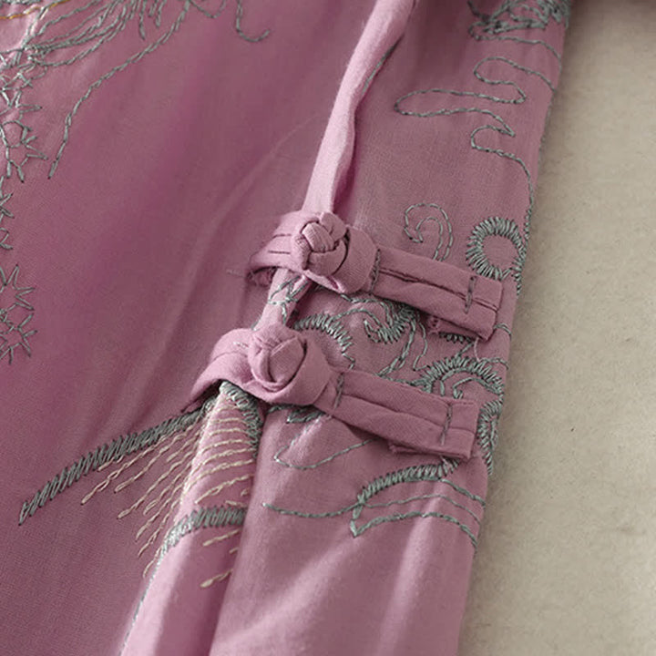 Buddha Stones Sommerliches Baumwoll-Midikleid mit V-Ausschnitt, Blumenmuster, kurzen Ärmeln und Taschen - image 6