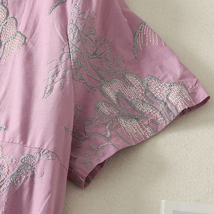 Buddha Stones Sommerliches Baumwoll-Midikleid mit V-Ausschnitt, Blumenmuster, kurzen Ärmeln und Taschen - image 5