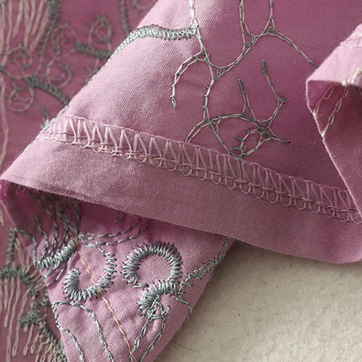 Buddha Stones Sommerliches Baumwoll-Midikleid mit V-Ausschnitt, Blumenmuster, kurzen Ärmeln und Taschen - image 9