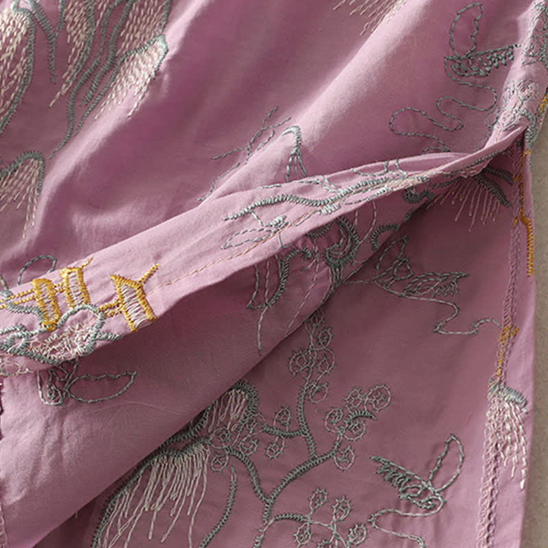 Buddha Stones Sommerliches Baumwoll-Midikleid mit V-Ausschnitt, Blumenmuster, kurzen Ärmeln und Taschen - image 7