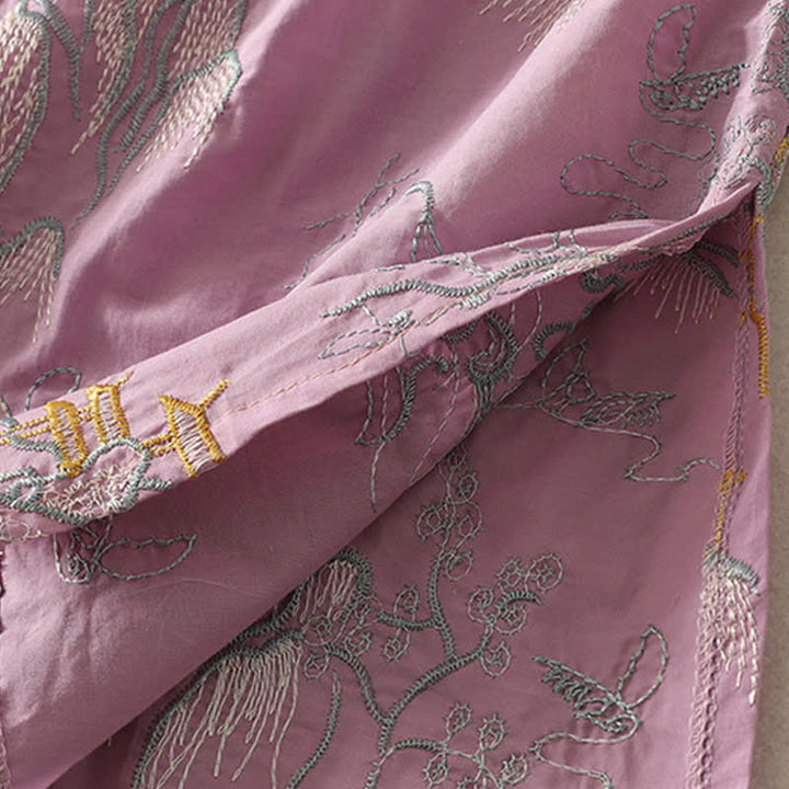 Buddha Stones Sommerliches Baumwoll-Midikleid mit V-Ausschnitt, Blumenmuster, kurzen Ärmeln und Taschen - image 7