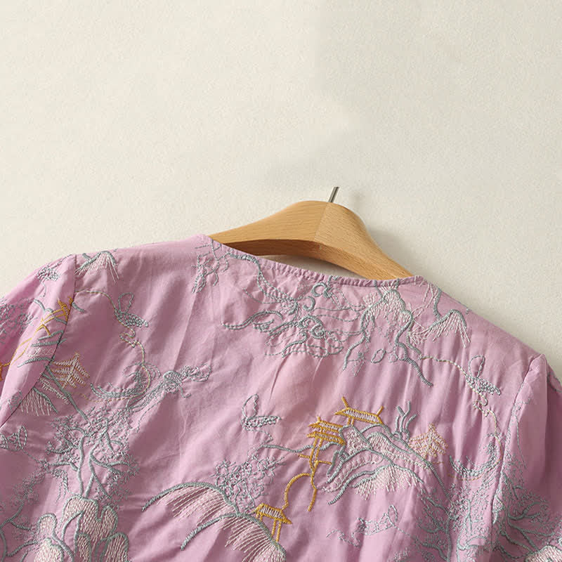 Buddha Stones Sommerliches Baumwoll-Midikleid mit V-Ausschnitt, Blumenmuster, kurzen Ärmeln und Taschen - image 3