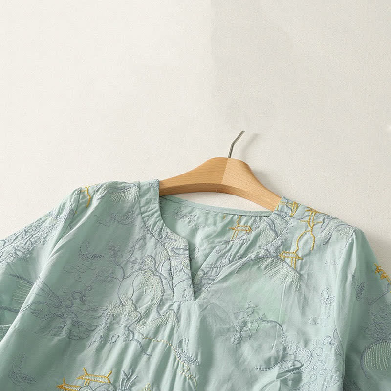 Buddha Stones Sommerliches Baumwoll-Midikleid mit V-Ausschnitt, Blumenmuster, kurzen Ärmeln und Taschen - image 13