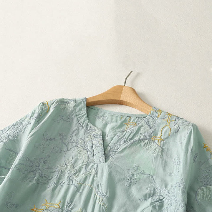 Buddha Stones Sommerliches Baumwoll-Midikleid mit V-Ausschnitt, Blumenmuster, kurzen Ärmeln und Taschen - image 13