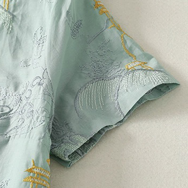 Buddha Stones Sommerliches Baumwoll-Midikleid mit V-Ausschnitt, Blumenmuster, kurzen Ärmeln und Taschen - image 14