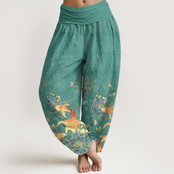 Buddha Stones Baumwoll-Haremshose mit Schmetterlings-, Koi- und Lotusmuster sowie elastischem Bund für Damen - Kadettenblau - US16, UK/AU20, EU48 (3XL) - image 5