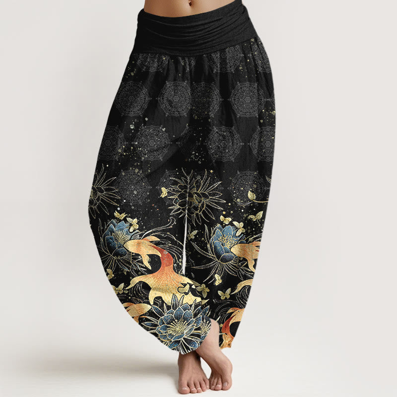 Buddha Stones Baumwoll-Haremshose mit Schmetterlings-, Koi- und Lotusmuster sowie elastischem Bund für Damen - Schwarz - US16, UK/AU20, EU48 (3XL) - image 8