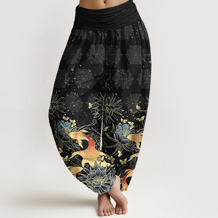 Buddha Stones Baumwoll-Haremshose mit Schmetterlings-, Koi- und Lotusmuster sowie elastischem Bund für Damen - Schwarz - US16, UK/AU20, EU48 (3XL) - image 8