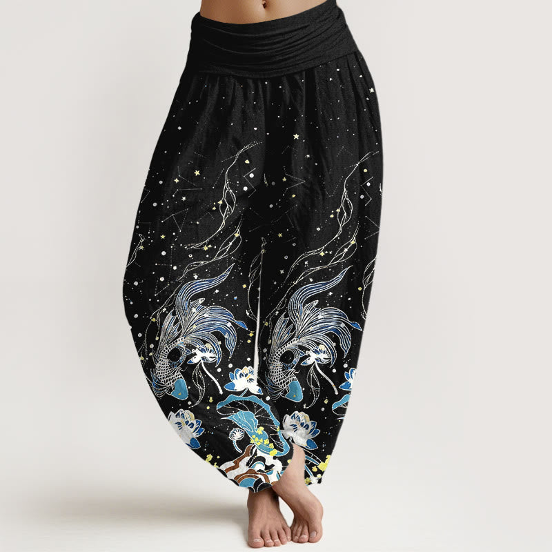Buddha Stones Baumwoll-Haremshose mit Sternenhimmel-, Koi- und Lotuswellenmuster sowie elastischem Bund für Damen - Schwarz - US16, UK/AU20, EU48 (3XL) - image 0