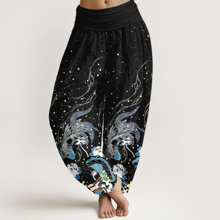 Buddha Stones Baumwoll-Haremshose mit Sternenhimmel-, Koi- und Lotuswellenmuster sowie elastischem Bund für Damen - Schwarz - US16, UK/AU20, EU48 (3XL) - image 0