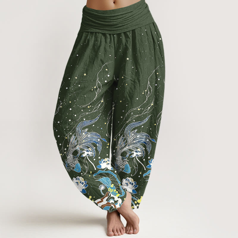 Buddha Stones Baumwoll-Haremshose mit Sternenhimmel-, Koi- und Lotuswellenmuster sowie elastischem Bund für Damen - Dunkelolivgrün - US16, UK/AU20, EU48 (3XL) - image 5