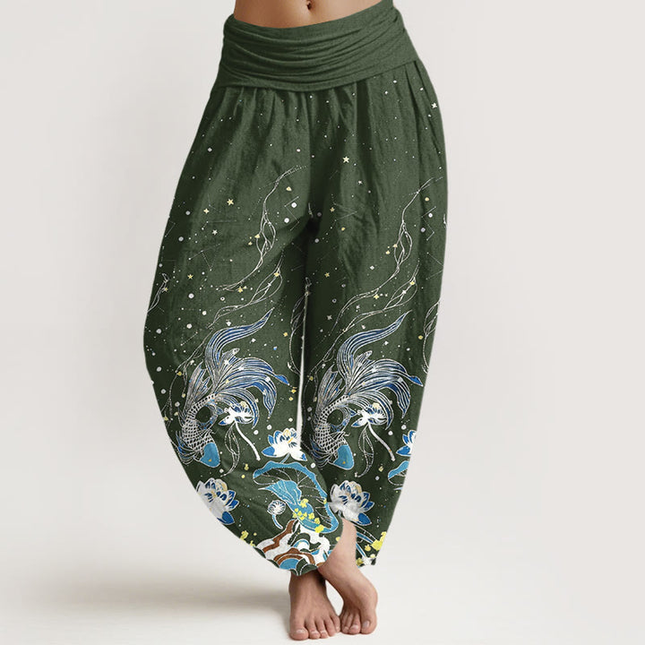Buddha Stones Baumwoll-Haremshose mit Sternenhimmel-, Koi- und Lotuswellenmuster sowie elastischem Bund für Damen - Dunkelolivgrün - US16, UK/AU20, EU48 (3XL) - image 5