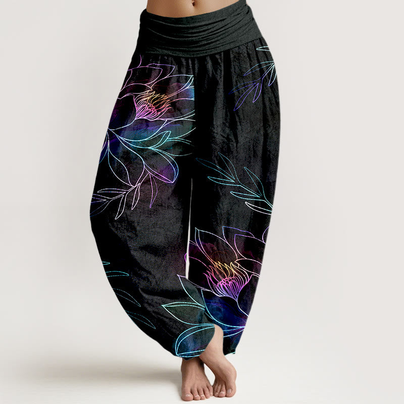 Buddha Stones Baumwoll-Haremshose mit neonfarbenem Lotusblütenmuster und elastischem Bund für Damen - Schwarz - US16, UK/AU20, EU48 (3XL) - image 0